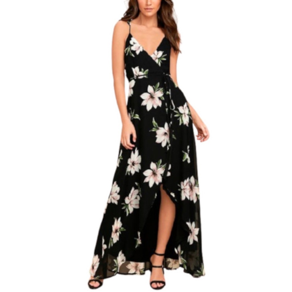 NWT Lulus Black Floral Print High-Low Wrap Dress M